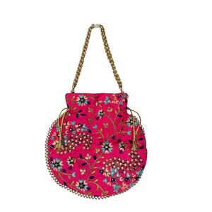 Pink Blue Gold Sequin Floral Print Drawstring Evening Classy Beaded Bag